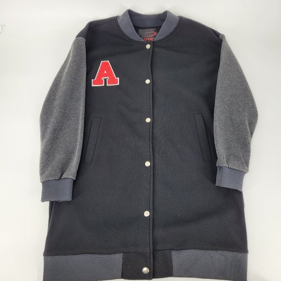 Yoki Womens Varsity Jacket Black Red Color Block Snap Pockets Crew Neck M New - Picture 1 of 8